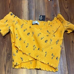 Hollister Mustard Floral Off-Shoulder Crop Top